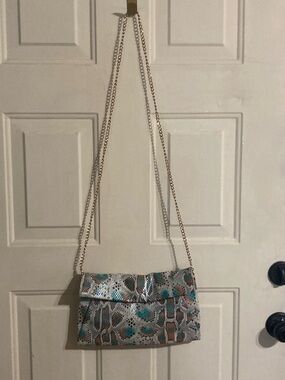 Metallic Teal and Brown Snake-Print Chain Crossbody